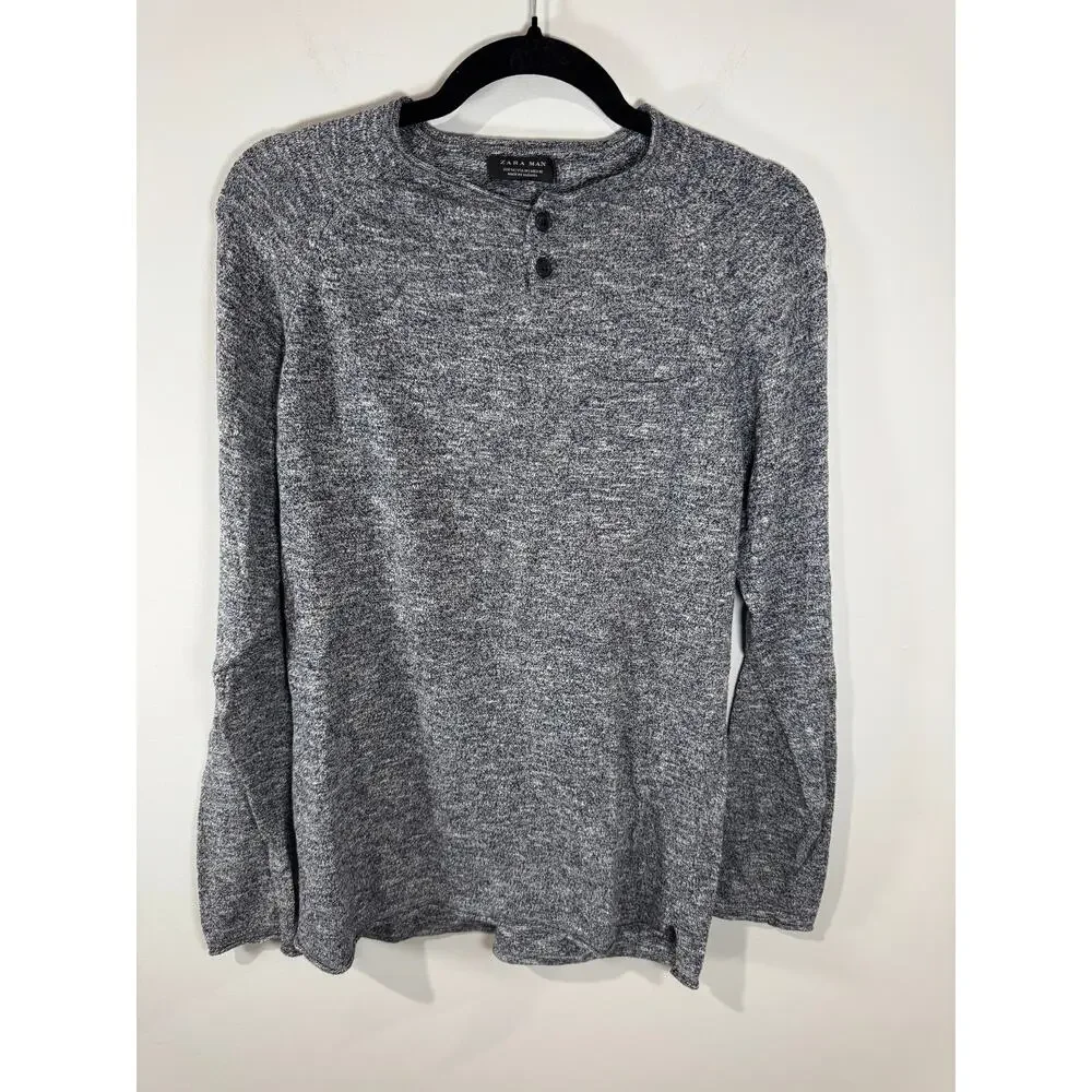 ZARA Man Heathered Blue Long Sleeve Henley Shirt Size M – Soft Knit Casual Top